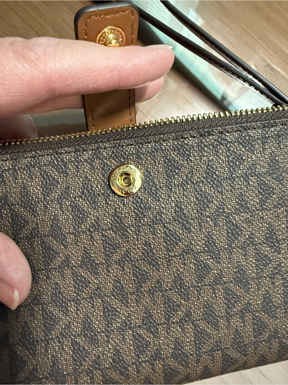 Michael Kors Brown Monogram Phone Wristlet Wallet with Gold Hardware - Picture 4 of 6